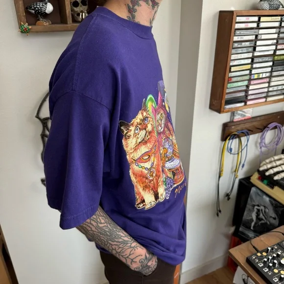 Vintage 90s Cropped New Orleans Mardi Gras Cat Front & Back Graphic Tee ~Size XL - Picture 3 of 9